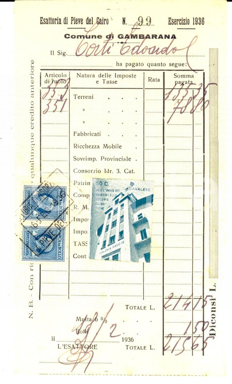 1936 GAMBARANA Ricevuta esattoria Edoardo CORTI Marca da bollo CAVALESE Colonie