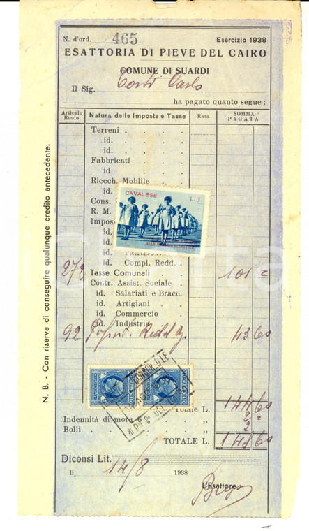 1938 SUARDI (PV) Ricevuta esattoria Carlo CORTI Marca da bollo CAVALESE Colonie