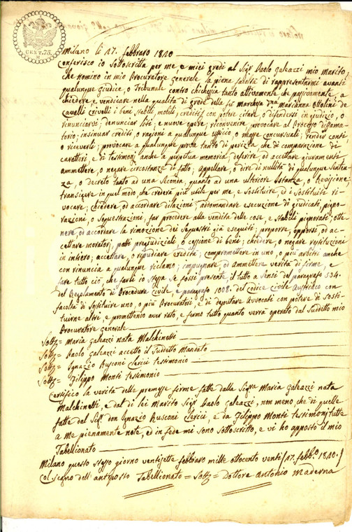 1820 MILANO Procura di Maria MALCHINETTI al marito Paolo GALEAZZI *Manoscritto