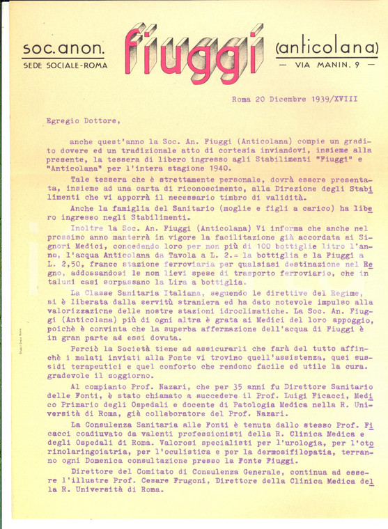 1939 ROMA Società Anonima FIUGGI Lettera pubblicitaria per accesso stabilimenti