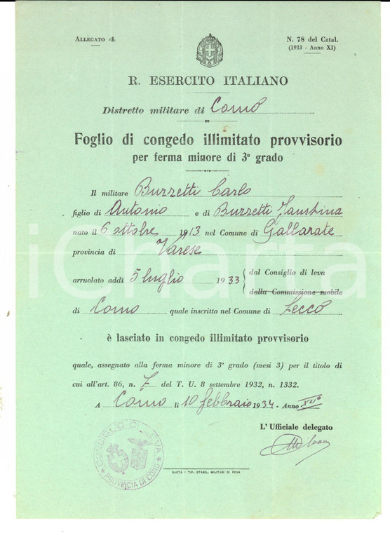 1934 REGIO ESERCITO COMO Congedo illimitato provvisorio per Carlo BUZZETTI