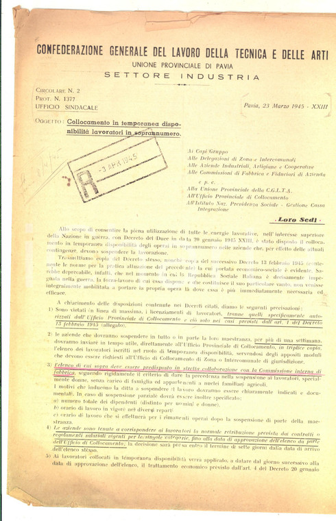 1945 RSI CGLTA PAVIA Temporanea disponibilità dei lavoratori in soprannumero