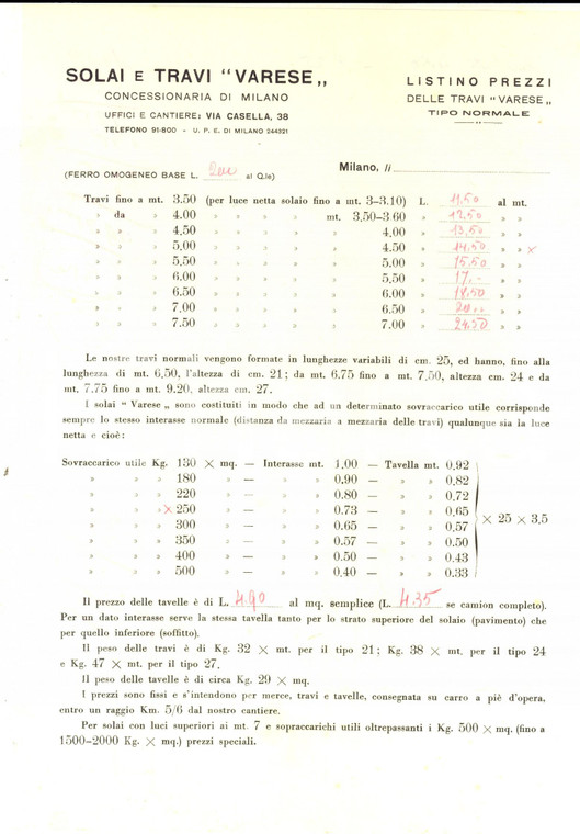 1940 ca MILANO Ditta solai e travi VARESE - Listino prezzi travi e tavelle