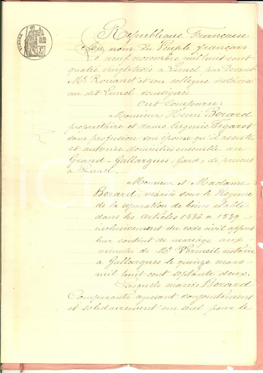 1883 GALLARGUES-LE-MONTUEUX Obligation Henri BERARD à veuve Léa BEDOS PAULET