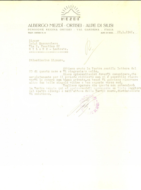 1942 ORTISEI / ALPE DI SIUSI - Albergo MEZDI' - Lettera su carta intestata