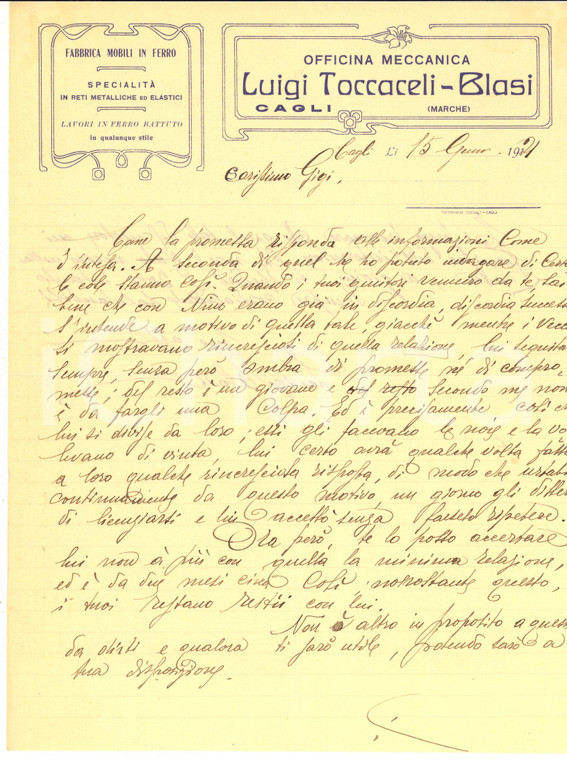 1921 CAGLI (PS) Officina meccanica Luigi TOCCACELI-BLASI - Lettera autografa