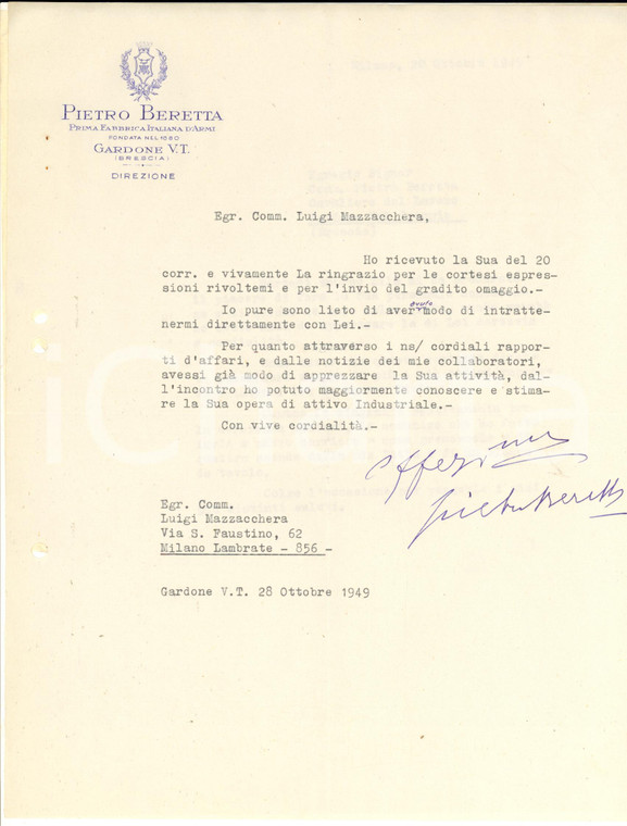 1949 GARDONE VAL TROMPIA Lettera Pietro BERETTA a Luigi MAZZACCHERA - Autografo