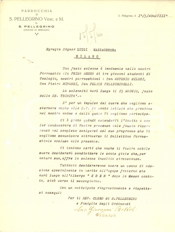 1940 SAN PELLEGRINO TERME Lettera don Giovanni BELLOLI per nuovi sacerdoti