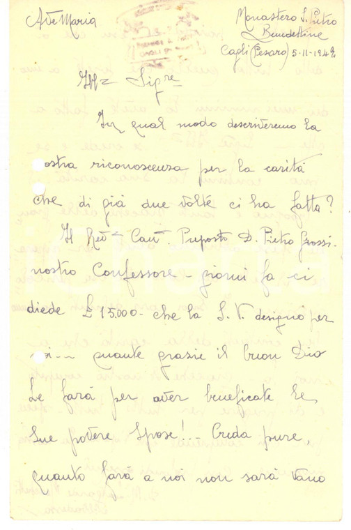 1949 CAGLI (PS) Monastero S. PIETRO - Ringraziamenti badessa Lutgarde MENCHETTI