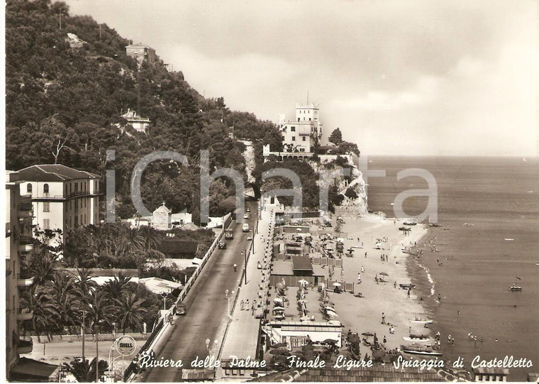 1955 ca FINALE LIGURE Spiaggia di Castelletto e distributore SHELL *Cartolina FG