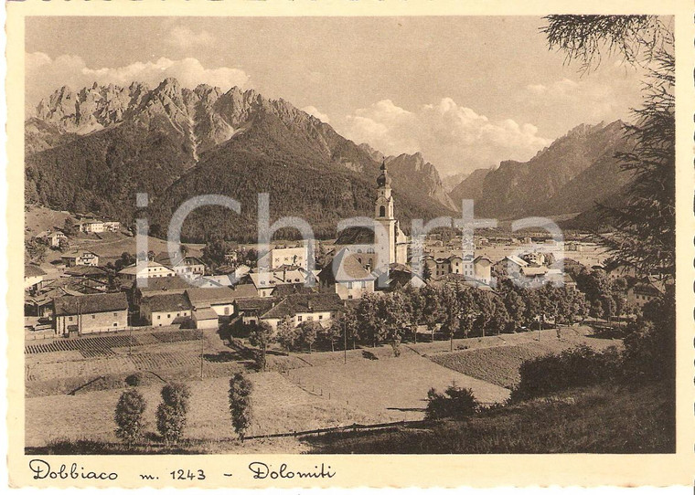 1950 ca DOBBIACO (BZ) Panorama con chiesa parrocchiale e DOLOMITI *Cartolina FG