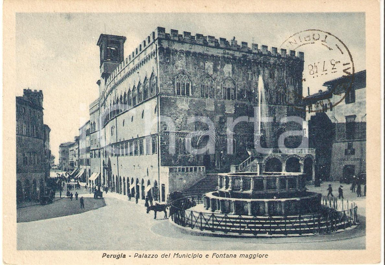 1948 PERUGIA Palazzo del Municipio e Fontana maggiore *Cartolina FG VG