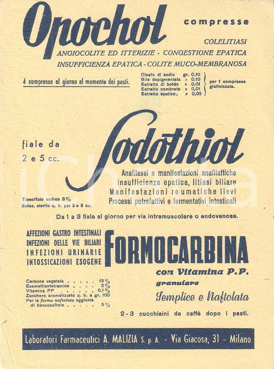 1965 ca MILANO Laboratori Farmaceutici MALIZIA Compresse OPOCHOL *Pubblicità