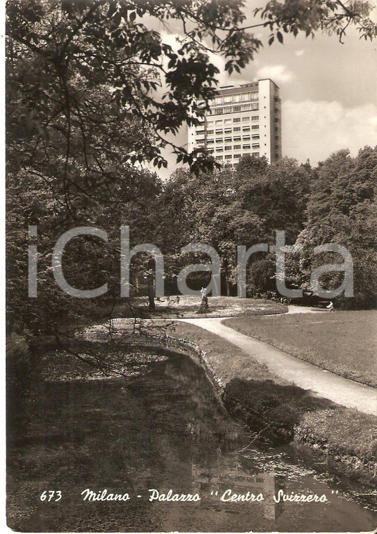 1957 MILANO Palazzo CENTRO SVIZZERO visto dai giardini *Cartolina FG VG