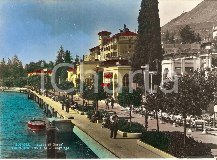 1950 ca GARDONE RIVIERA (BS) Panorama GRAND HOTEL Cartolina dipinta a mano FP NV