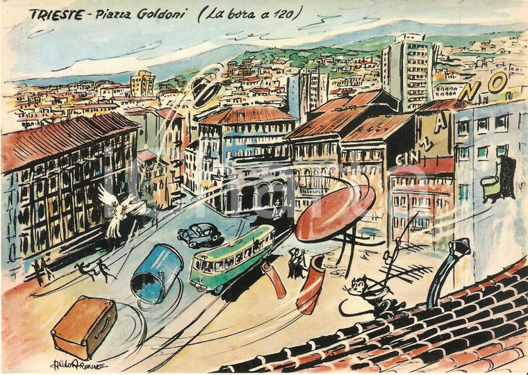 1965 TRIESTE Bora travolge insegna CINZANO *Cartolina Illustrata Aldo ARONNE