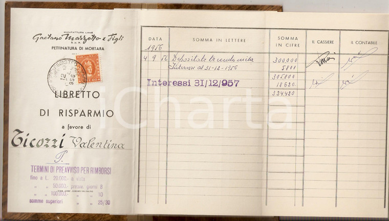 1956-1957 MORTARA Libretto risparmio Valentina TICOZZI Lane MARZOTTO