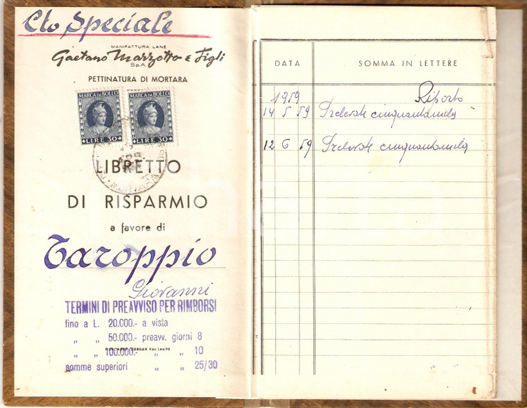1957-1959 MORTARA Libretto risparmio Giovanni TAROPPIO Lane MARZOTTO