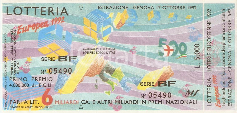 1992 LOTTERIA EUROPEA abbinata a manifestazioni colombiane *Biglietto Serie BF
