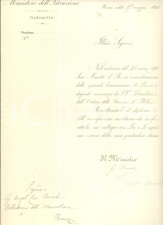 1894 ROMA Angelo BRUSCHI Cavaliere Corona d'ITALIA Autografo Guido BACCELLI