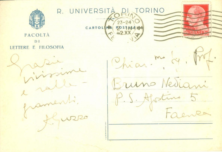 1942 TORINO R. Università Filosofo Augusto GUZZO invia ringraziamenti *AUTOGRAFO