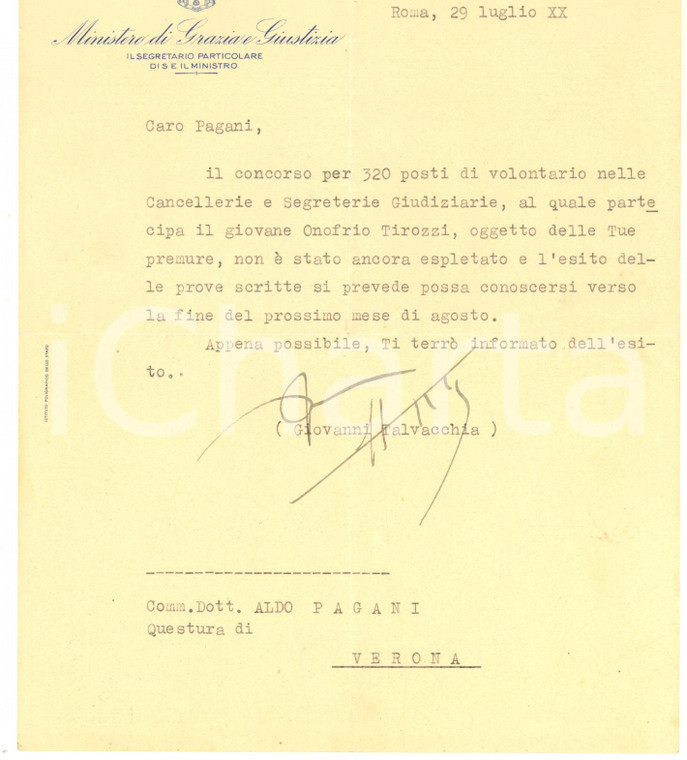 1942 ROMA Giovanni TALVACCHIA Segretario Particolare Grazia Giustizia AUTOGRAFO