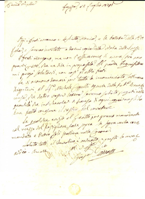 1846 FAENZA Giuseppe AZZALLI sulle promesse di pagamento dei frati domenicani