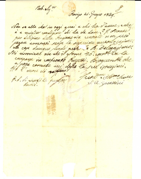 1839 ROVIGO Lettera ZARATTINI a Benedetto REDETTI su saldo Monte di Pietà