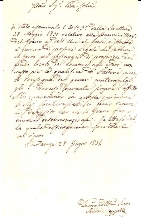 1854 FAENZA Michele CAPPELLI su contestata vendita di grano e uva *Prefilatelica