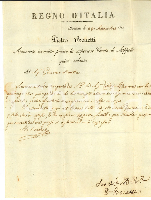 1813 BRESCIA Avv. Pietro BONETTI chiede di recapitare una lettera a una contessa