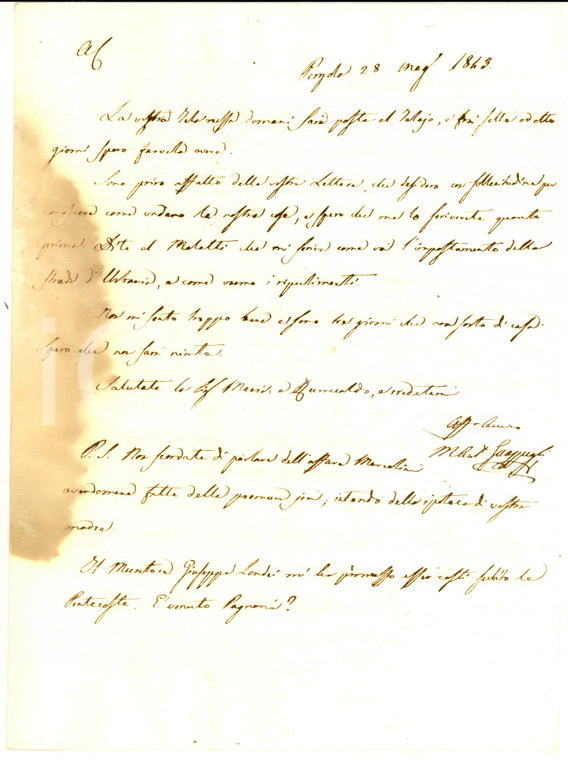 1843 PERGOLA Nobile Marcantonio GUAZZUGLI promette una tela russa *Prefilatelica