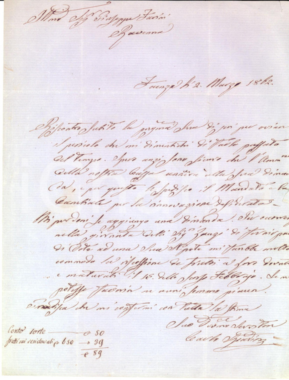 1862 FAENZA Carlo SPADINI chiede riscossione di frutti per una dote *Lettera