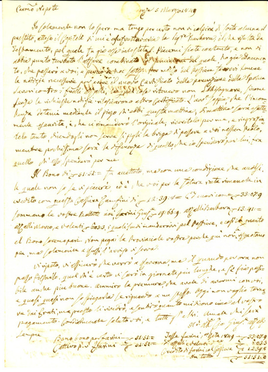 1849 FAENZA Lettera nobile Giuseppe AZZALLI  al nipote sui conti di famiglia