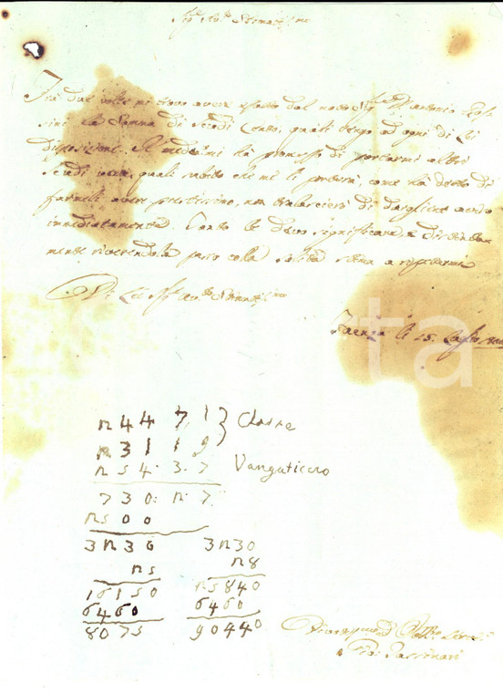 1820 FAENZA Giovanni TASSINARI riscuote denaro da Antonio ROSSINI Prefilatelica
