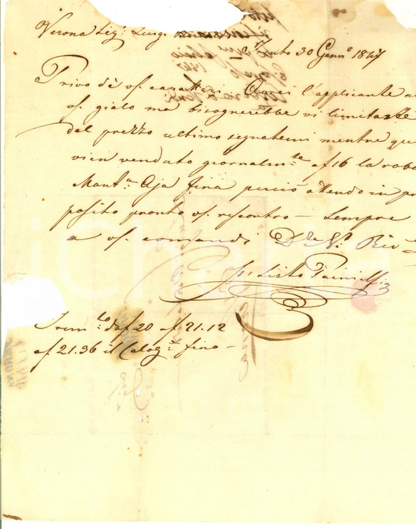 1847 TRENTO Lettera di Sisto PAINI sul prezzo corrente dei cereali Prefilatelica