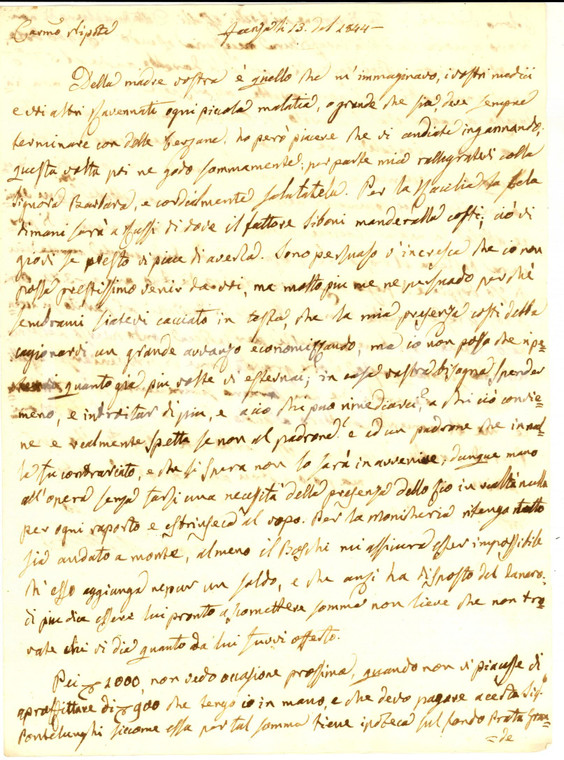 1844 FAENZA Conte Giuseppe AZZALLI rimprovera il nipote per le spese di casa