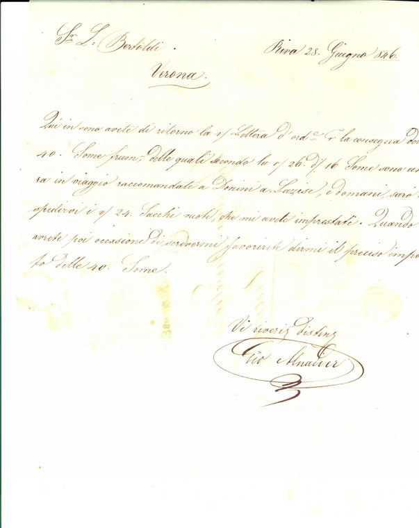 1846 RIVA DEL GARDA Giovanni ALNAIDER restituisce sacchi di frumento vuoti