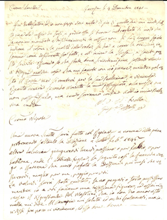 1845 FAENZA Nobile Giuseppe AZZALLI promette invio di salsiccia al nipote