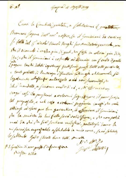 1849 FAENZA Conte Giuseppe AZZALLI su GEMINIANI che vende per pagare i debiti