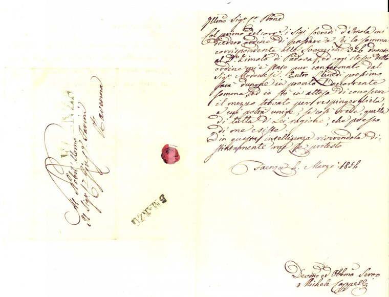 1854 FAENZA Michele CAPPELLI sul pagamento a ZIMOLO di PADOVA *Prefilatelica
