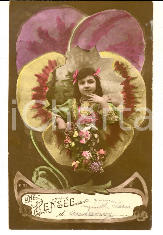 1916 FRANCE Bambina porge mazzo di fiori *Cartolina postale VINTAGE FP NV