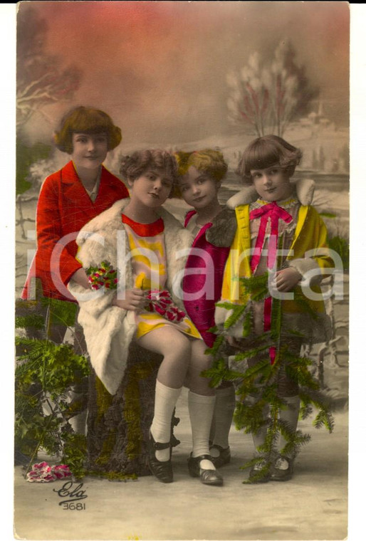 1910 ca BAMBINI Quattro piccole amiche *Cartolina VINTAGE ritocchi a mano FP NV