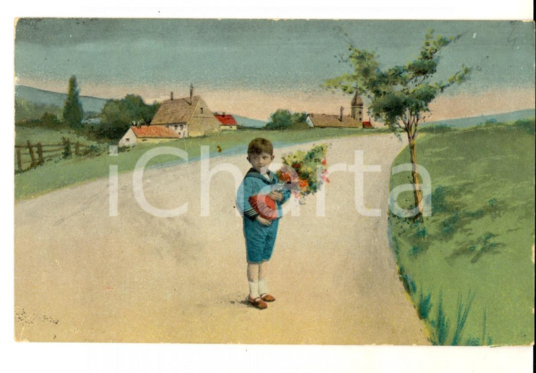 1934 BAMBINI Marinaretto con omaggio floreale *Cartolina VINTAGE FP VG