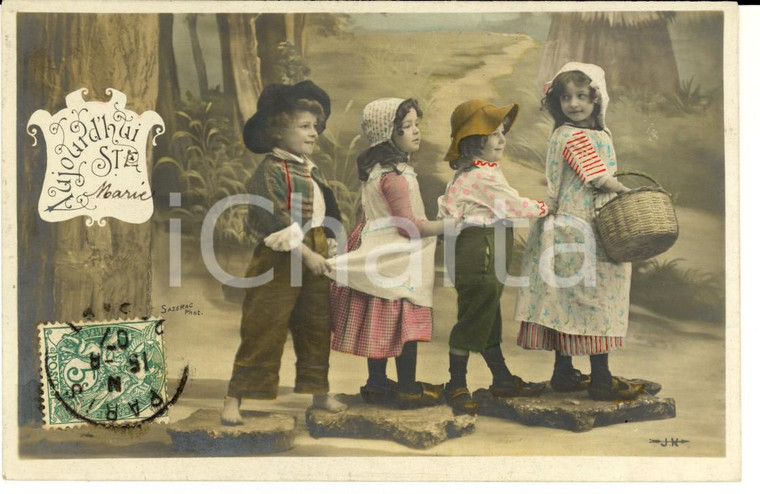 1907 COSTUMI Una piccola carovana di bambini *Cartolina postale FP VG