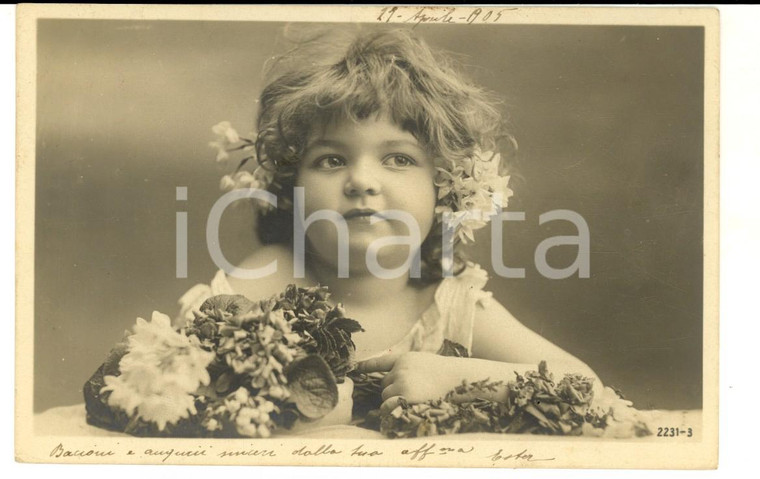 1905 COSTUMI Bambina con addobbi primaverili *Cartolina postale VINTAGE FP VG