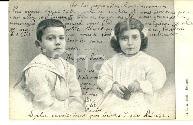1904 BAMBINI Coppia di fratellini in abito bianco *Cartolina VINTAGE A. PINI