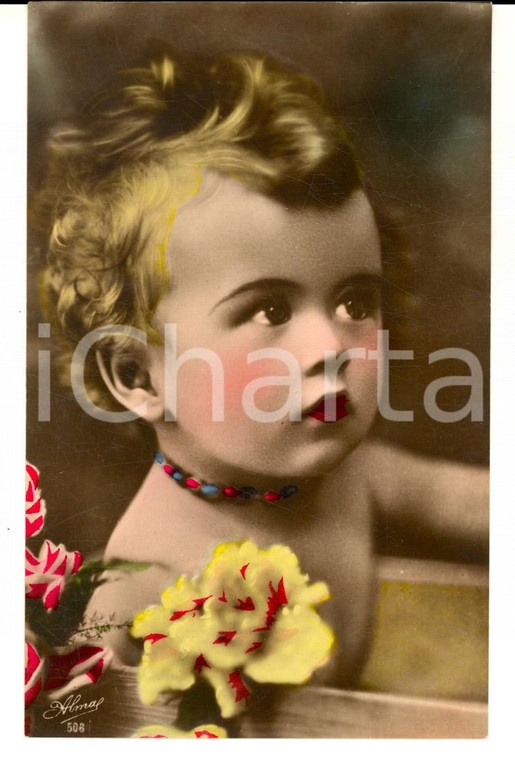 1933 COSTUMI Ritratto di bambina con la collana *Cartolina colorata VINTAGE FP