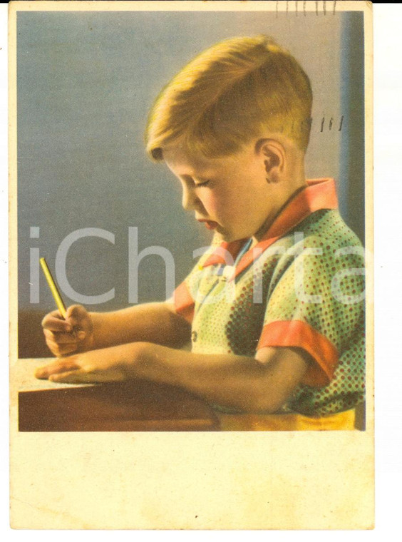 1941 COSTUMI BAMBINI Piccolo scolaro fa compiti *Cartolina postale VINTAGE FG VG