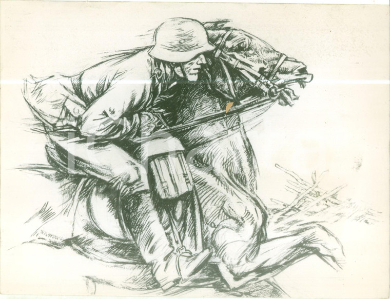 1944 GERMANIA WW2 Soldato tedesco a cavallo *Fotografia coeva di un disegno