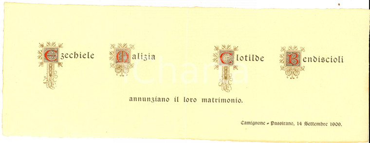 1909 PASSIRANO Nozze Ezechiele MALIZIA - Clotilde BENDISCIOLI *Partecipazione 